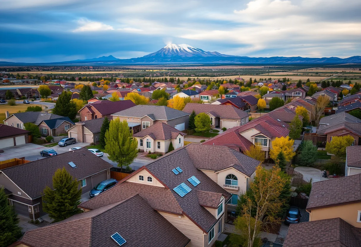 A Colorado Springs neighborhood of homes with new architectural shingle roofs and the snow-capped Pikes Peak rising behind them