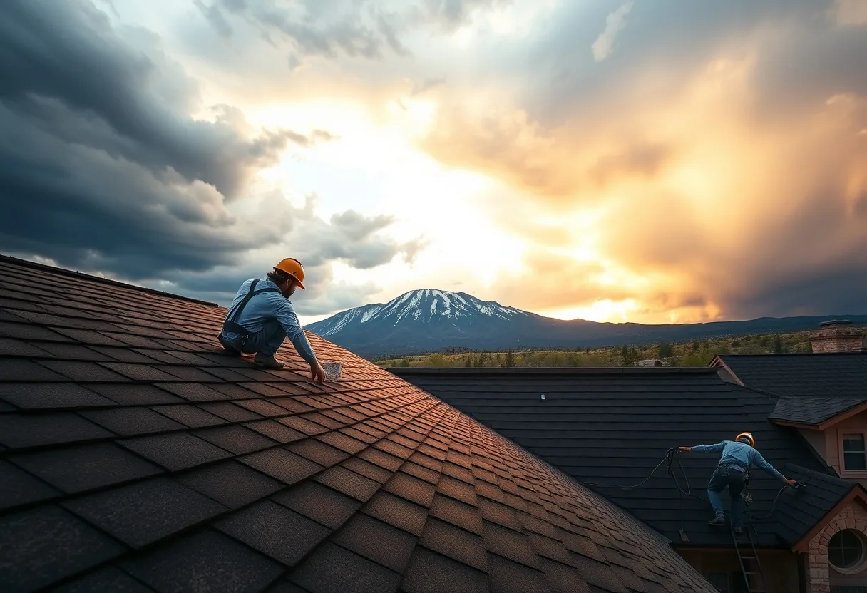 Roofer installing a new architectural shingle roof on a Colorado Springs home with Pikes Peak and a stormy sky behind