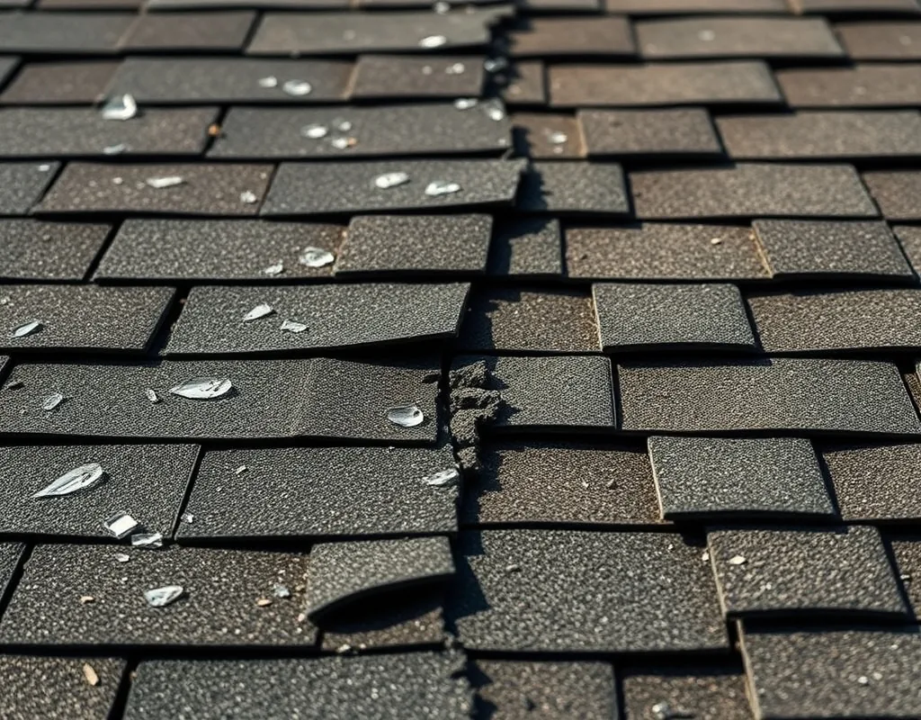 Close-up of hail-damaged asphalt shingles next to new architectural shingles on a Colorado Springs roof